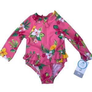 Carter's Rashguard Style Ruffled Infant Swimsuit Pink Tropical Floral 3 Months